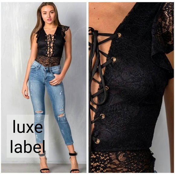 Lace-Up Plunge Black Floral Lace Bodysuit - Picture 5 of 5